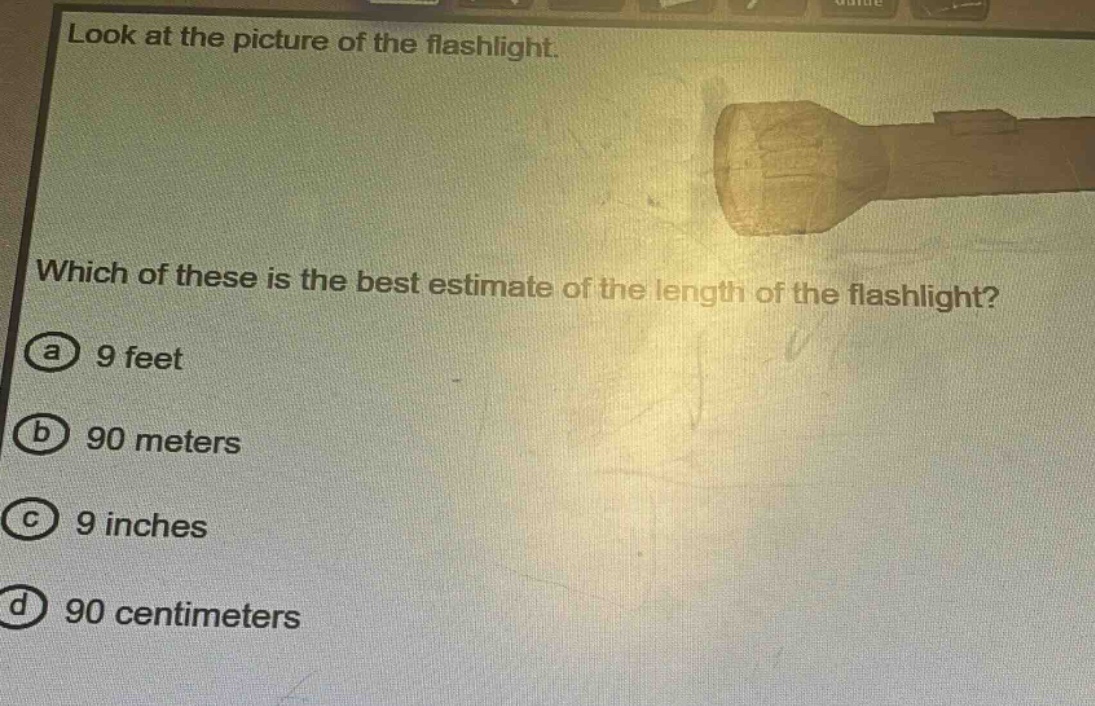 look at the picture of the flashlight. which of these is the best estimate of the length of the flashlight? (a) 9 feet (b) 90 meters (c) 9 inches (d) 90 centimeters