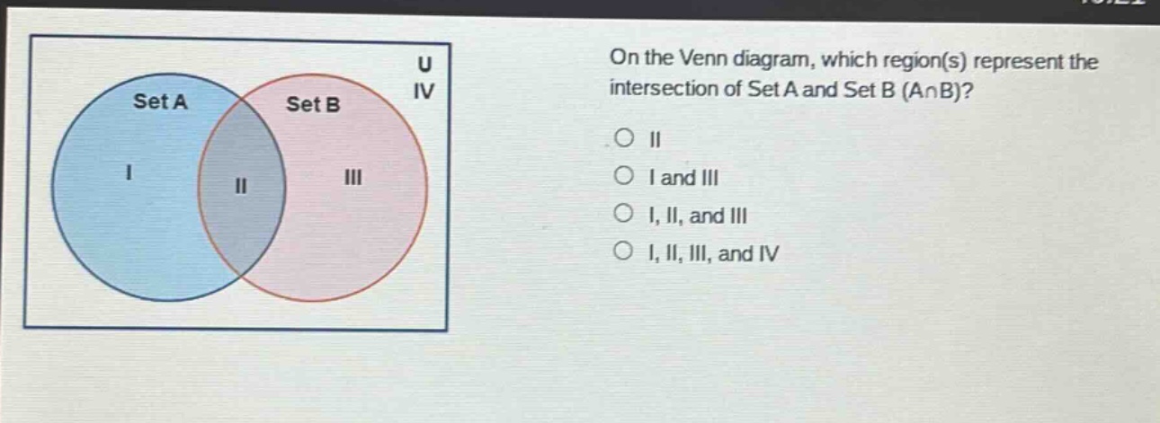 on the venn diagram, which region(s) represent the intersection of set a and set b (a∩b)?\n○ ii\n○ i and iii\n○ i, ii, and iii\n○ i, ii, iii, and iv