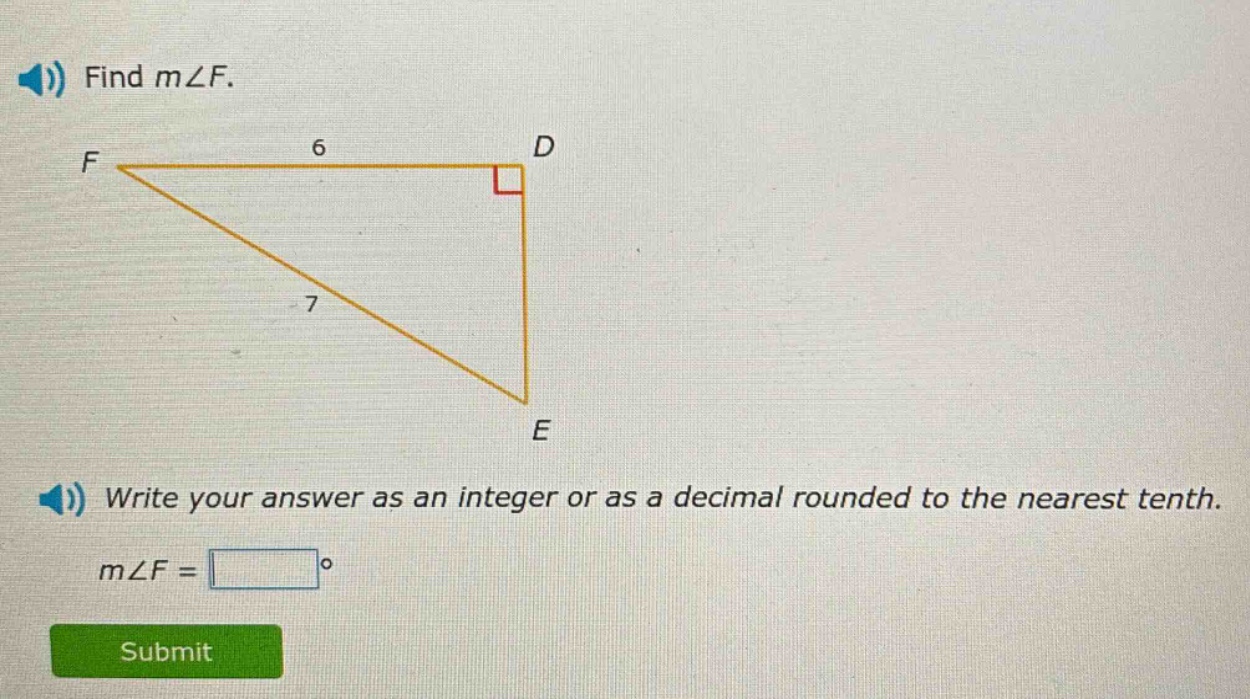 find m∠f.\nwrite your answer as an integer or as a decimal rounded to the nearest tenth.\nm∠f = □°