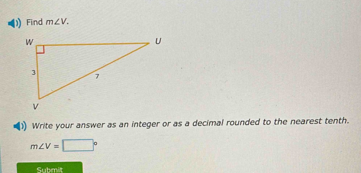 find m∠v.\nwrite your answer as an integer or as a decimal rounded to the nearest tenth.\nm∠v = □°
