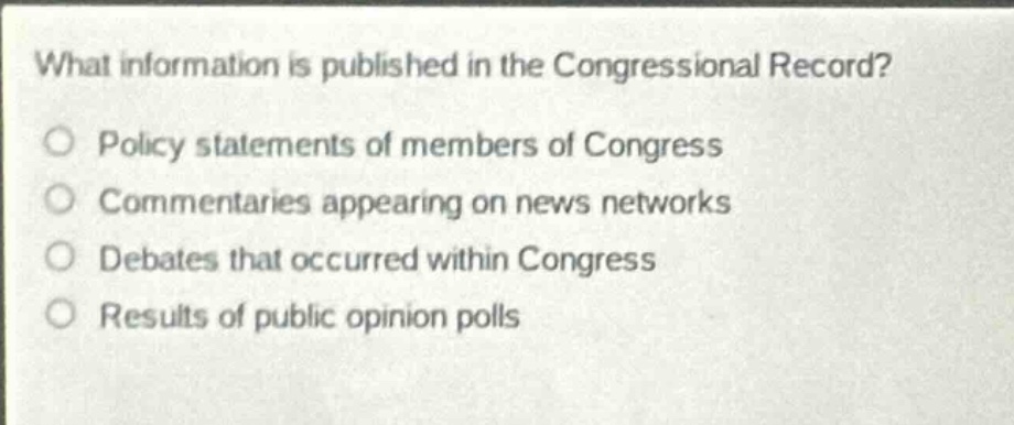 what information is published in the congressional record?\npolicy statements of members of congress\ncommentaries appearing on news networks\ndebates that occurred within congress\nresults of public opinion polls