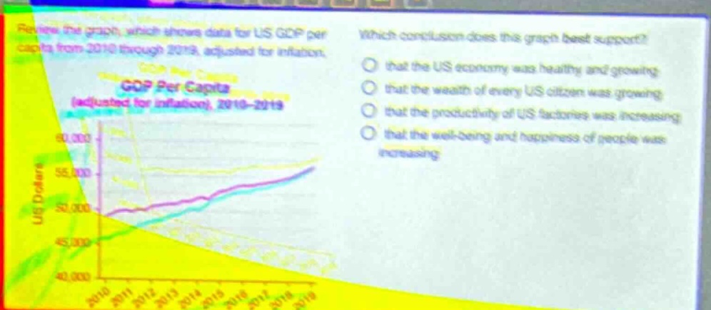 review the graph, which shows data for us gdp per capita from 2010 through 2019, adjusted for inflation. which conclusion does this graph best support? that the us economy was healthy and growing that the wealth of every us citizen was growing that the productivity of us factories was increasing that the well - being and happiness of people was increasing