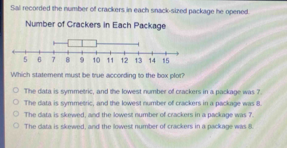 sal recorded the number of crackers in each snack - sized package he opened. number of crackers in each package\n5 6 7 8 9 10 11 12 13 14 15\nwhich statement must be true according to the box plot?\nthe data is symmetric, and the lowest number of crackers in a package was 7.\nthe data is symmetric, and the lowest number of crackers in a package was 8.\nthe data is skewed, and the lowest number of crackers in a package was 7.\nthe data is skewed, and the lowest number of crackers in a package was 8.
