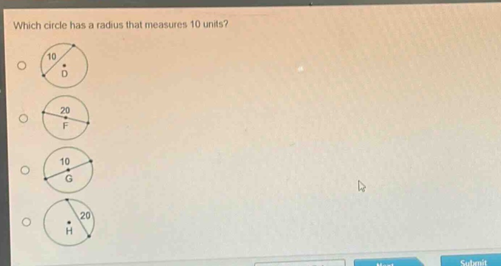 which circle has a radius that measures 10 units?