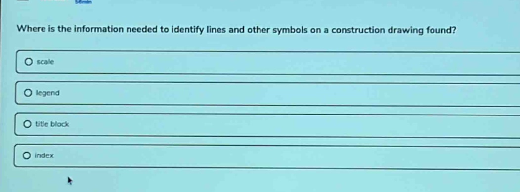 where is the information needed to identify lines and other symbols on a construction drawing found?\nscale\nlegend\ntitle block\nindex