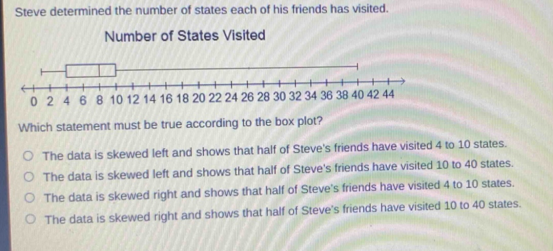 steve determined the number of states each of his friends has visited. number of states visited which statement must be true according to the box - plot? the data is skewed left and shows that half of steves friends have visited 4 to 10 states. the data is skewed left and shows that half of steves friends have visited 10 to 40 states. the data is skewed right and shows that half of steves friends have visited 4 to 10 states. the data is skewed right and shows that half of steves friends have visited 10 to 40 states.