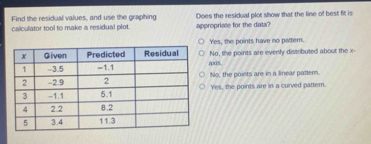 find the residual values, and use the graphing calculator tool to make a residual plot.\n|x|given|predicted|residual|\n|----|----|----|----|\n|1|-3.5|-1.1|\n|2|-2.9|2|\n|3|-1.1|5.1|\n|4|2.2|8.2|\n|5|3.4|11.3|\ndoes the residual plot show that the line of best fit is appropriate for the data?\nyes, the points have no pattern.\nno, the points are evenly distributed about the x - axis.\nno, the points are in a linear pattern.\nyes, the points are in a curved pattern.