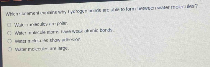 which statement explains why hydrogen bonds are able to form between water molecules?\no water molecules are polar.\no water molecule atoms have weak atomic bonds..\no water molecules show adhesion.\no water molecules are large.