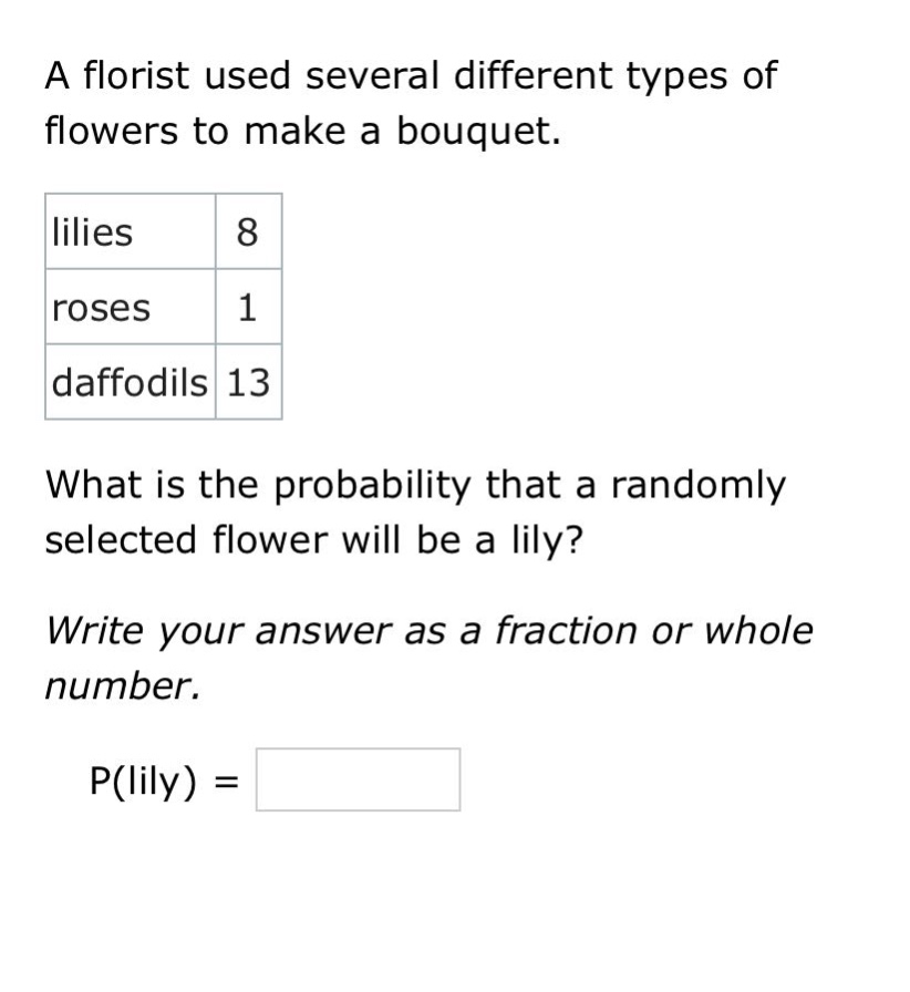 a florist used several different types of flowers to make a bouquet.\n|lilies|8|\n|roses|1|\n|daffodils|13|\nwhat is the probability that a randomly selected flower will be a lily?\nwrite your answer as a fraction or whole number.\np(lily) =