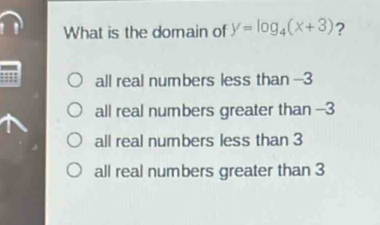 what is the domain of $y = \\log_4(x + 3)$?\nall real numbers less than -3\nall real numbers greater than -3\nall real numbers less than 3\nall real numbers greater than 3