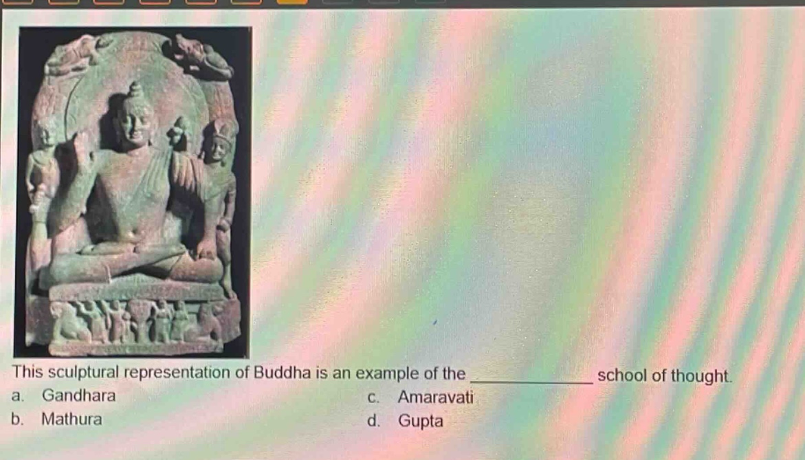 this sculptural representation of buddha is an example of the ______________ school of thought.\na. gandhara c. amaravati\nb. mathura d. gupta