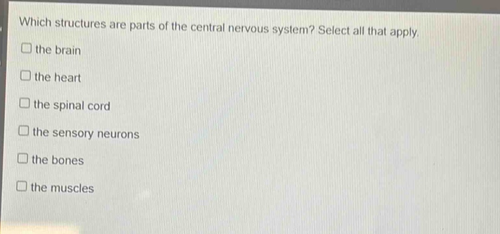 which structures are parts of the central nervous system? select all that apply.\n□ the brain\n□ the heart\n□ the spinal cord\n□ the sensory neurons\n□ the bones\n□ the muscles