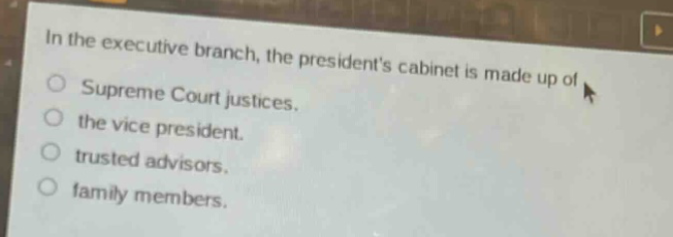 in the executive branch, the presidents cabinet is made up of\nsupreme court justices.\nthe vice president.\ntrusted advisors.\nfamily members.