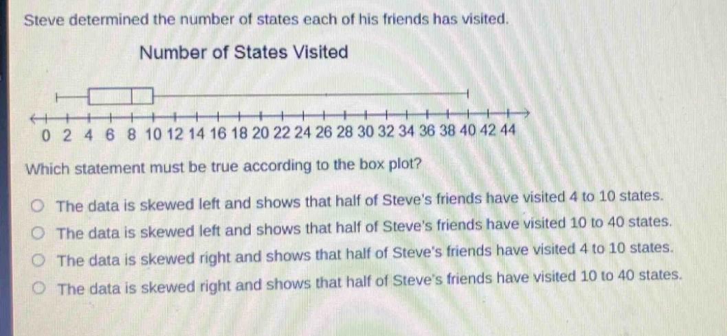 steve determined the number of states each of his friends has visited. number of states visited which statement must be true according to the box plot? the data is skewed left and shows that half of steves friends have visited 4 to 10 states. the data is skewed left and shows that half of steves friends have visited 10 to 40 states. the data is skewed right and shows that half of steves friends have visited 4 to 10 states. the data is skewed right and shows that half of steves friends have visited 10 to 40 states.