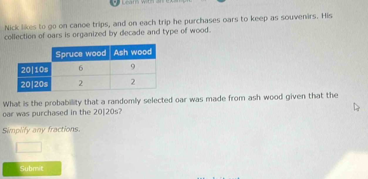 nick likes to go on canoe trips, and on each trip he purchases oars to keep as souvenirs. his collection of oars is organized by decade and type of wood.\n| |spruce wood|ash wood|\n|----|----|----|\n|2010s|6|9|\n|2020s|2|2|\nwhat is the probability that a randomly selected oar was made from ash wood given that the oar was purchased in the 2020s?\nsimplify any fractions.