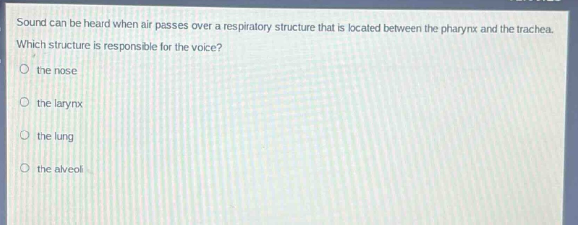 sound can be heard when air passes over a respiratory structure that is located between the pharynx and the trachea. which structure is responsible for the voice?\no the nose\no the larynx\no the lung\no the alveoli