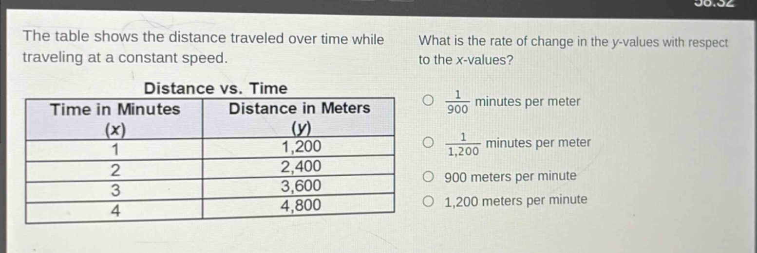 the table shows the distance traveled over time while traveling at a constant speed. what is the rate of change in the y - values with respect to the x - values? distance vs. time\n| time in minutes (x) | distance in meters (y) |\n| ---- | ---- |\n| 1 | 1,200 |\n| 2 | 2,400 |\n| 3 | 3,600 |\n| 4 | 4,800 |\n$\frac{1}{900}$ minutes per meter\n$\frac{1}{1,200}$ minutes per meter\n900 meters per minute\n1,200 meters per minute