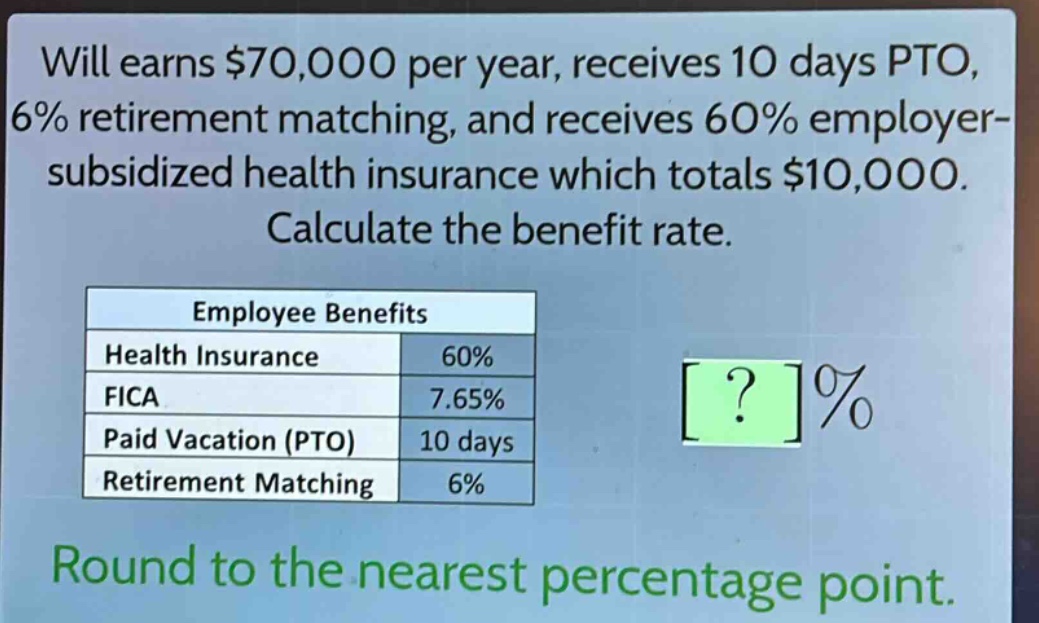will earns $70,000 per year, receives 10 days pto, 6% retirement matching, and receives 60% employer - subsidized health insurance which totals $10,000. calculate the benefit rate.\n\nemployee benefits\nhealth insurance 60%\nfica 7.65%\npaid vacation (pto) 10 days\nretirement matching 6%\n\nround to the nearest percentage point.
