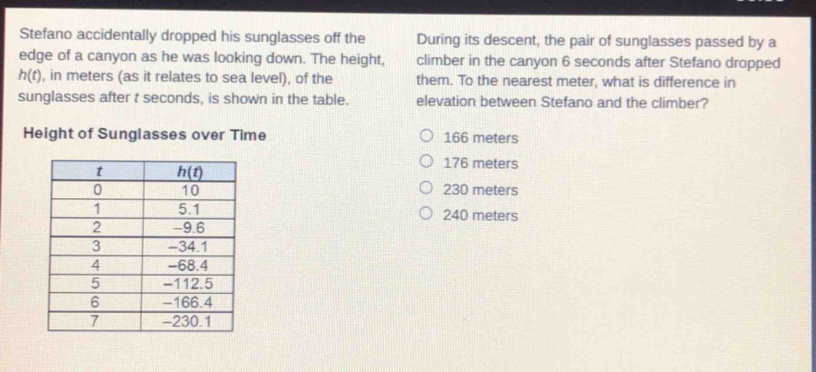 stefano accidentally dropped his sunglasses off the edge of a canyon as he was looking down. the height, h(t), in meters (as it relates to sea level), of the sunglasses after t seconds, is shown in the table. during its descent, the pair of sunglasses passed by a climber in the canyon 6 seconds after stefano dropped them. to the nearest meter, what is difference in elevation between stefano and the climber? height of sunglasses over time\n| t | h(t) |\n|----|----| \n| 0 | 10 |\n| 1 | 5.1 |\n| 2 | -9.6 |\n| 3 | -34.1 |\n| 4 | -68.4 |\n| 5 | -112.5 |\n| 6 | -166.4 |\n| 7 | -230.1 |\n166 meters\n176 meters\n230 meters\n240 meters
