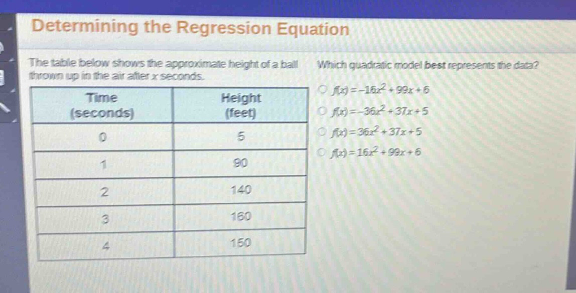 determining the regression equation\nthe table below shows the approximate height of a ball thrown up in the air after x seconds.\nwhich quadratic model best represents the data?\n| time (seconds) | height (feet) |\n| ---- | ---- |\n| 0 | 5 |\n| 1 | 90 |\n| 2 | 140 |\n| 3 | 160 |\n| 4 | 150 |\n○ (f(x)=-16x^{2}+99x + 6)\n○ (f(x)=-36x^{2}+37x + 5)\n○ (f(x)=36x^{2}+37x + 5)\n○ (f(x)=16x^{2}+99x + 6)