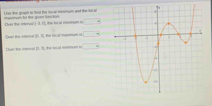 use the graph to find the local minimum and the local maximum for the given function. over the interval -3, 0, the local minimum is. over the interval 0, 3, the local maximum is. over the interval 0, 3, the local minimum is.