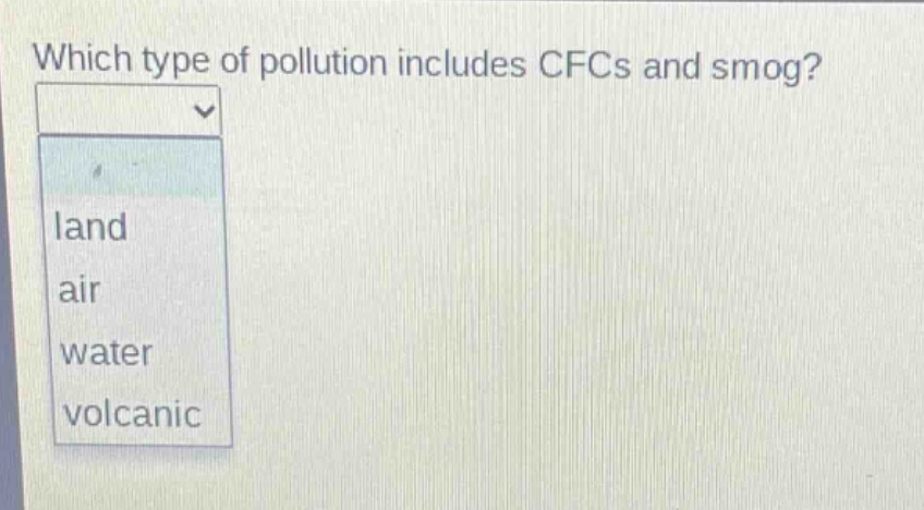 which type of pollution includes cfcs and smog?\nland\nair\nwater\nvolcanic