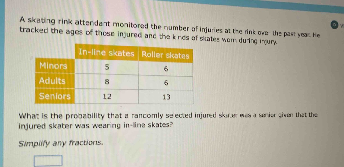 a skating rink attendant monitored the number of injuries at the rink over the past year. he tracked the ages of those injured and the kinds of skates worn during injury.\n| |in - line skates|roller skates|\n|--|--|--|\n|minors|5|6|\n|adults|8|6|\n|seniors|12|13|\nwhat is the probability that a randomly selected injured skater was a senior given that the injured skater was wearing in - line skates?\nsimplify any fractions.
