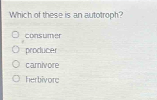 which of these is an autotroph?\nconsumer\nproducer\ncarnivore\nherbivore