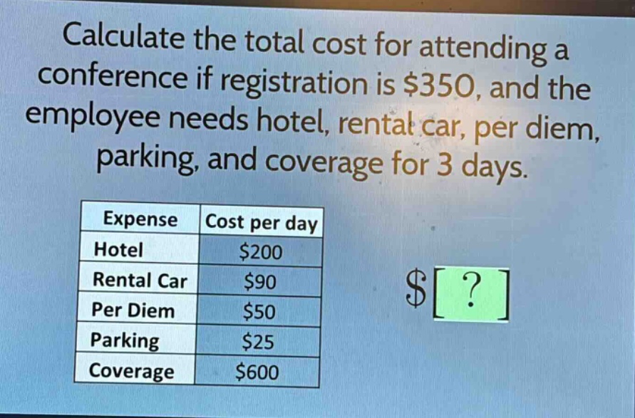 calculate the total cost for attending a conference if registration is $350, and the employee needs hotel, rental car, per diem, parking, and coverage for 3 days.\n| expense | cost per day |\n|--|--| \n| hotel | $200 |\n| rental car | $90 |\n| per diem | $50 |\n| parking | $25 |\n| coverage | $600 |