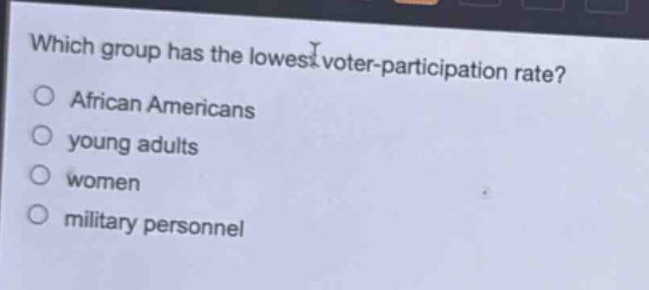 which group has the lowest voter - participation rate?\n○ african americans\n○ young adults\n○ women\n○ military personnel