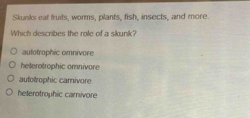 skunks eat fruits, worms, plants, fish, insects, and more. which describes the role of a skunk?\no autotrophic omnivore\no heterotrophic omnivore\no autotrophic carnivore\no heterotrophic carnivore