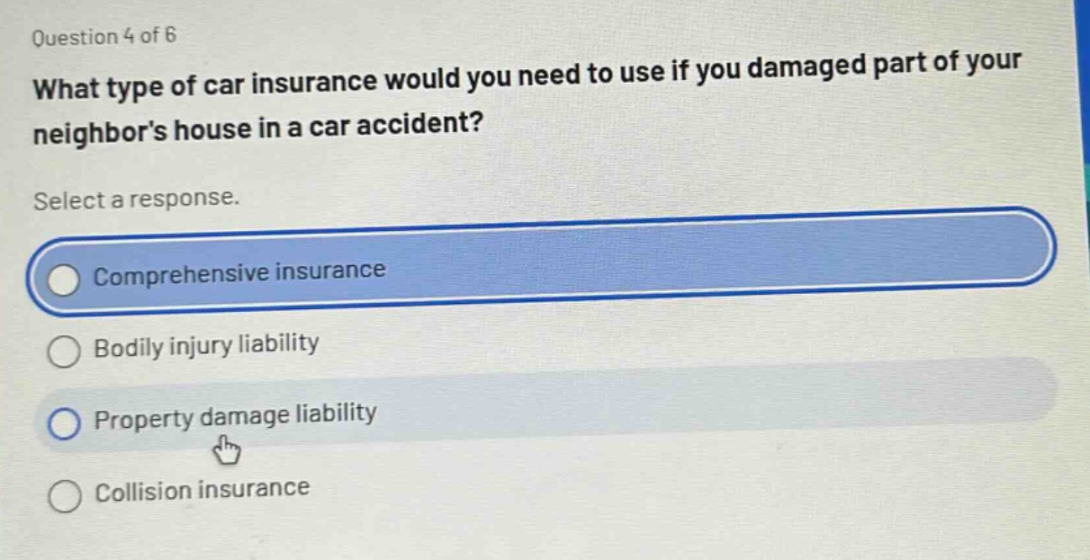 question 4 of 6\nwhat type of car insurance would you need to use if you damaged part of your neighbors house in a car accident?\nselect a response.\ncomprehensive insurance\nbodily injury liability\nproperty damage liability\ncollision insurance