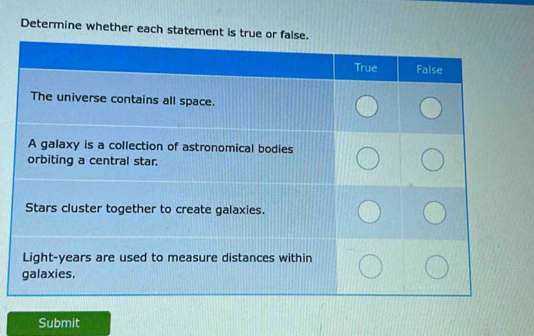 determine whether each statement is true or false.\nthe universe contains all space.\na galaxy is a collection of astronomical bodies orbiting a central star.\nstars cluster together to create galaxies.\nlight - years are used to measure distances within galaxies.