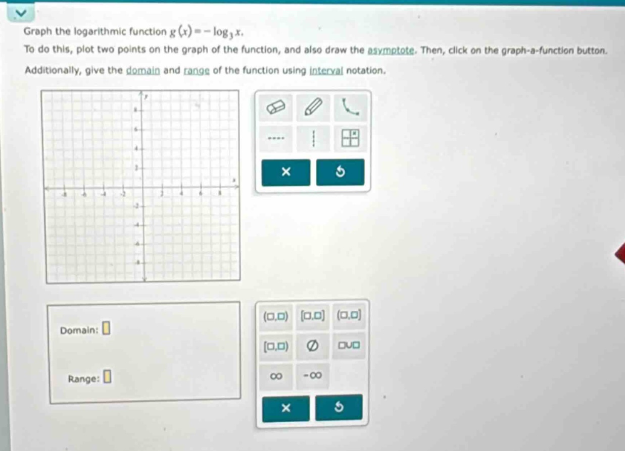 graph the logarithmic function (g(x)=-log_{3}x). to do this, plot two points on the graph of the function, and also draw the asymptote. then, click on the graph - a - function button. additionally, give the domain and range of the function using interval notation. domain: range: