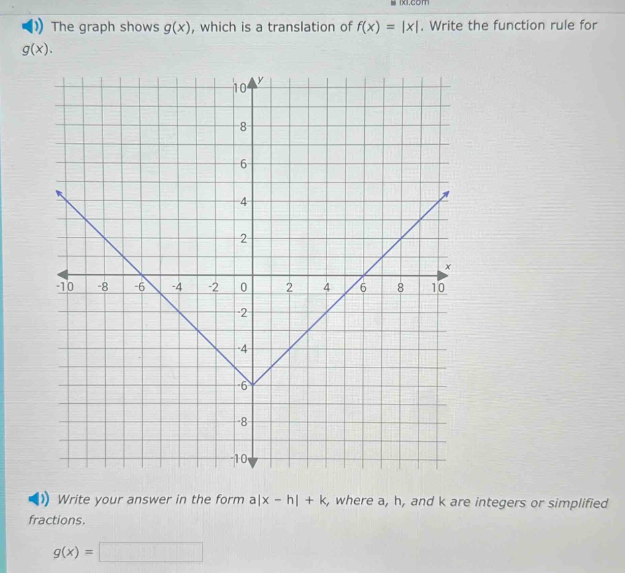 the graph shows g(x), which is a translation of f(x) = |x|. write the function rule for g(x). write your answer in the form a|x - h| + k, where a, h, and k are integers or simplified fractions. g(x) =
