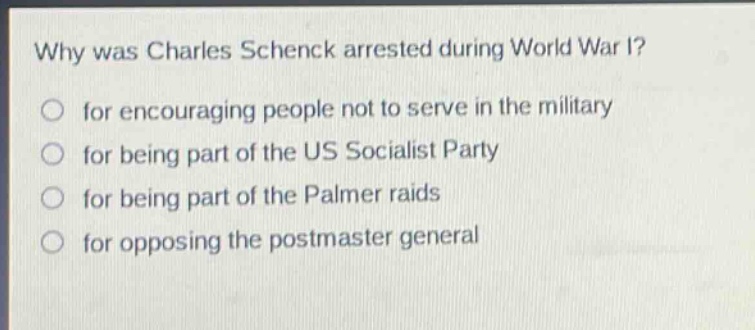why was charles schenck arrested during world war i?\nfor encouraging people not to serve in the military\nfor being part of the us socialist party\nfor being part of the palmer raids\nfor opposing the postmaster general
