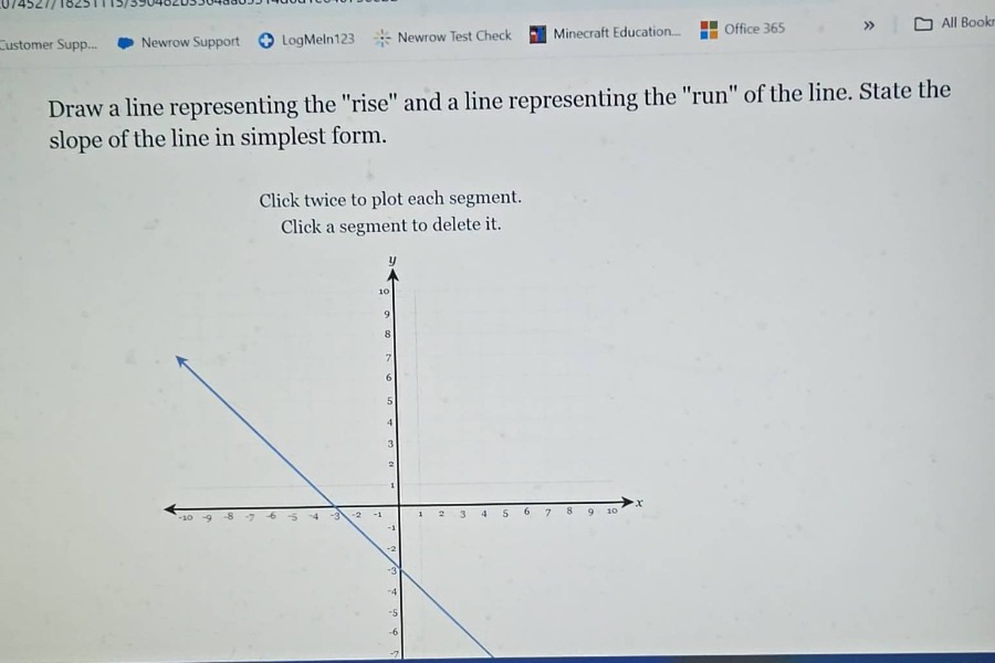 draw a line representing the \rise\ and a line representing the \run\ of the line. state the slope of the line in simplest form.\n\nclick twice to plot each segment.\nclick a segment to delete it.