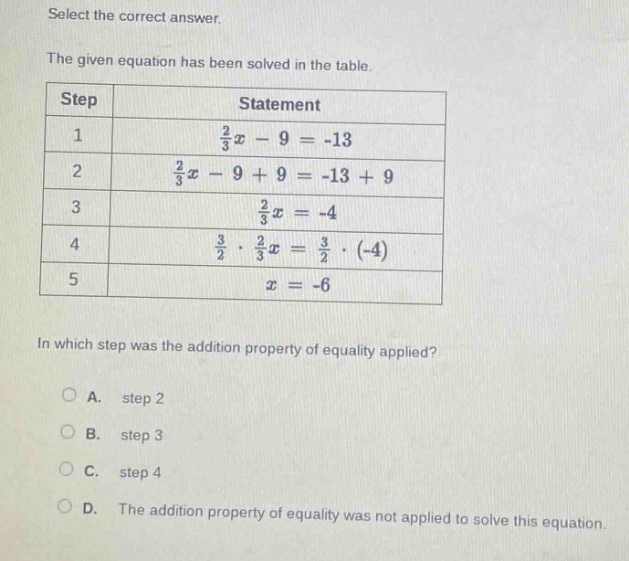 select the correct answer.\nthe given equation has been solved in the table.\n| step | statement |\n| ---- | ---- |\n| 1 | $\frac{2}{3}x - 9 = -13$ |\n| 2 | $\frac{2}{3}x - 9 + 9 = -13 + 9$ |\n| 3 | $\frac{2}{3}x = -4$ |\n| 4 | $\frac{3}{2} cdot \frac{2}{3}x = \frac{3}{2} cdot (-4)$ |\n| 5 | $x = -6$ |\nin which step was the addition property of equality applied?\na. step 2\nb. step 3\nc. step 4\nd. the addition property of equality was not applied to solve this equation.