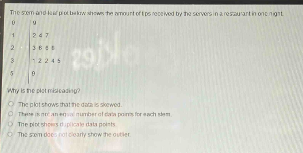the stem - and - leaf plot below shows the amount of tips received by the servers in a restaurant in one night.\n0 | 9\n1 | 2 4 7\n2 | 3 6 6 8\n3 | 1 2 2 4 5\n5 | 9\nwhy is the plot misleading?\nthe plot shows that the data is skewed.\nthere is not an equal number of data points for each stem.\nthe plot shows duplicate data points.\nthe stem does not clearly show the outlier.