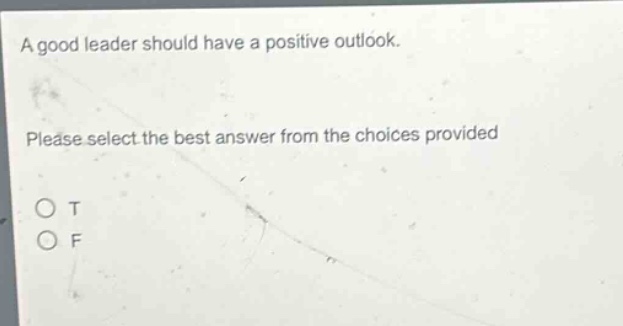 a good leader should have a positive outlook. please select the best answer from the choices provided\no t\no f