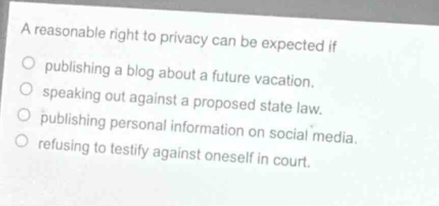 a reasonable right to privacy can be expected if\n○ publishing a blog about a future vacation.\n○ speaking out against a proposed state law.\n○ publishing personal information on social media.\n○ refusing to testify against oneself in court.