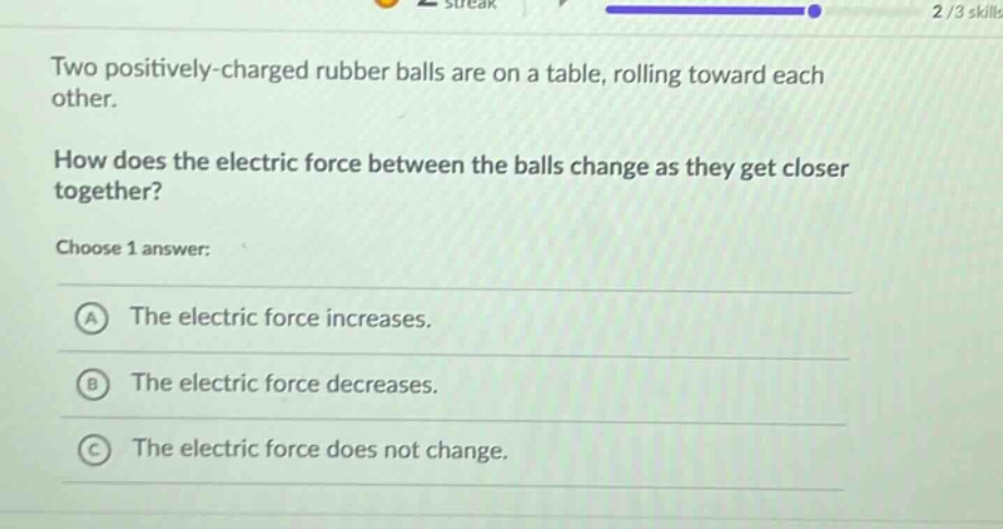 two positively - charged rubber balls are on a table, rolling toward each other. how does the electric force between the balls change as they get closer together? choose 1 answer: a the electric force increases. b the electric force decreases. c the electric force does not change.
