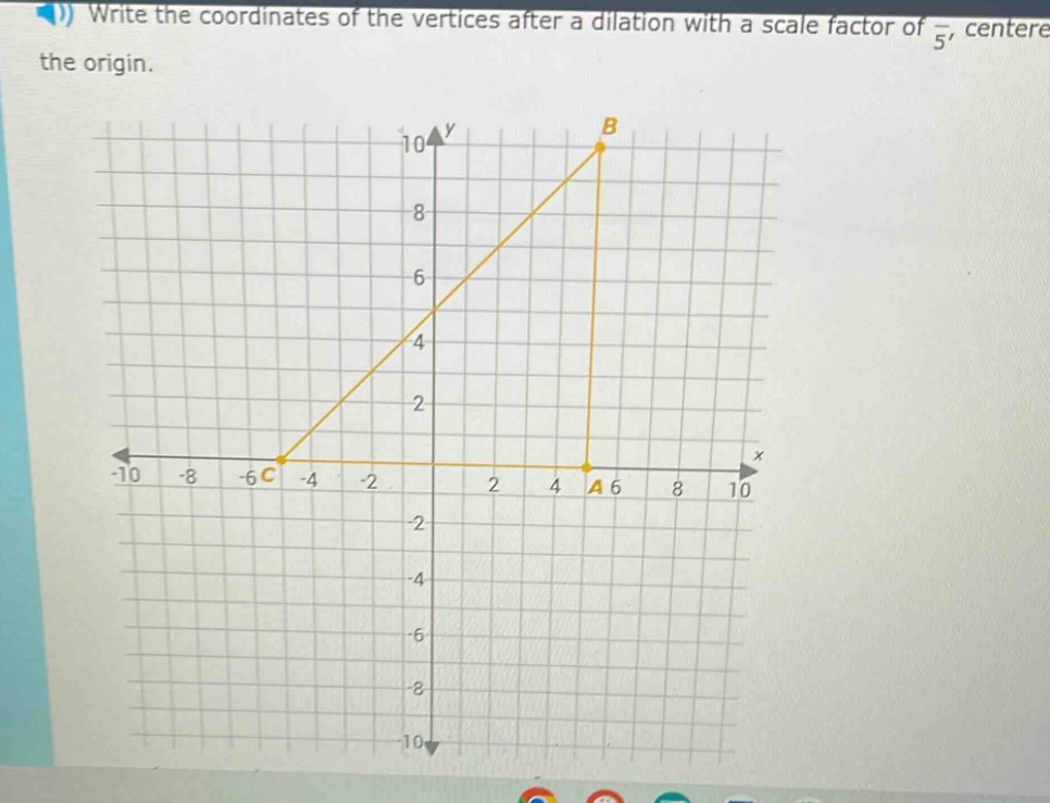 write the coordinates of the vertices after a dilation with a scale factor of $\frac{1}{5}$, centered at the origin.