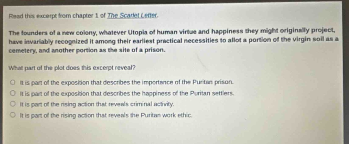 read this excerpt from chapter 1 of the scarlet letter.\nthe founders of a new colony, whatever utopia of human virtue and happiness they might originally project, have invariably recognized it among their earliest practical necessities to allot a portion of the virgin soil as a cemetery, and another portion as the site of a prison.\nwhat part of the plot does this excerpt reveal?\nit is part of the exposition that describes the importance of the puritan prison.\nit is part of the exposition that describes the happiness of the puritan settlers.\nit is part of the rising action that reveals criminal activity.\nit is part of the rising action that reveals the puritan work ethic.