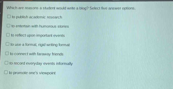 which are reasons a student would write a blog? select five answer options.\n□ to publish academic research\n□ to entertain with humorous stories\n□ to reflect upon important events\n□ to use a formal, rigid writing format\n□ to connect with faraway friends\n□ to record everyday events informally\n□ to promote ones viewpoint
