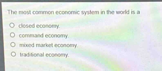 the most common economic system in the world is a\no closed economy.\no command economy.\no mixed market economy.\no traditional economy.