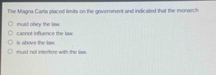 the magna carta placed limits on the government and indicated that the monarch\nmust obey the law.\ncannot influence the law.\nis above the law.\nmust not interfere with the law.
