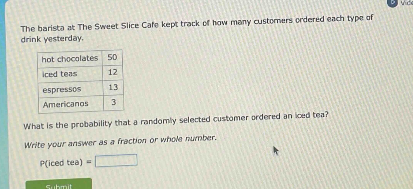 the barista at the sweet slice cafe kept track of how many customers ordered each type of drink yesterday.\n|hot chocolates|50|\n|iced teas|12|\n|espressos|13|\n|americanos|3|\nwhat is the probability that a randomly selected customer ordered an iced tea?\nwrite your answer as a fraction or whole number.\np(iced tea) =