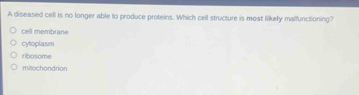a diseased cell is no longer able to produce proteins. which cell structure is most likely malfunctioning?\ncell membrane\ncytoplasm\nribosome\nmitochondrion