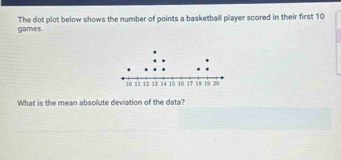 the dot plot below shows the number of points a basketball player scored in their first 10 games. what is the mean absolute deviation of the data?